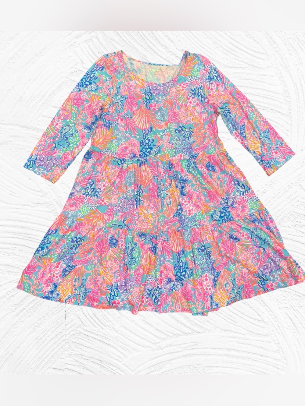 Lilly Pulitzer‎ XL  Geanna 3/4 Sleeve Swing Dress Coastal Coral Tiered Cotton - Picture 1 of 5